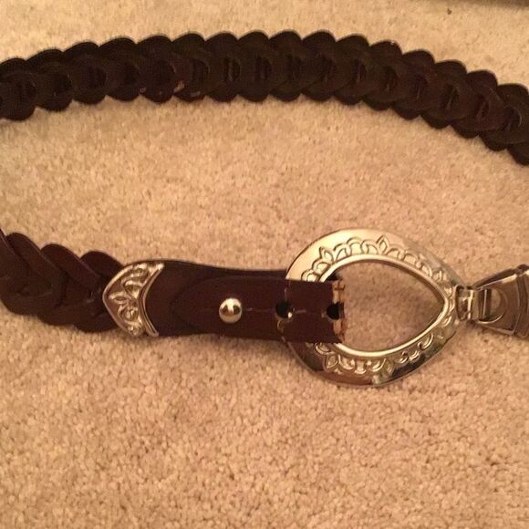 Braided Brown Leather Belt Vintage Womens Sz M Western Silver Tone Buckle - Picture 2 of 6